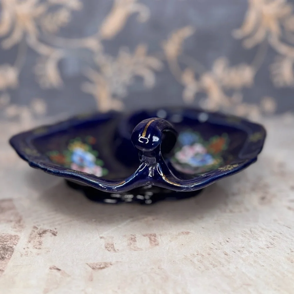 Vintage Tashiro Shoten Japan Cobalt Moriage Divided Candy Nut Dish